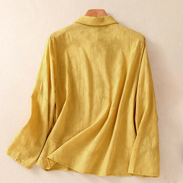 Buddha Stones ​​Herbststickerei, asymmetrisches Design, Froschknopf, Damen-Baumwoll-Langarmshirt - image 25