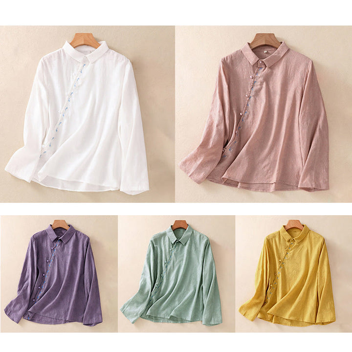 Buddha Stones ​​Herbststickerei, asymmetrisches Design, Froschknopf, Damen-Baumwoll-Langarmshirt - image 39