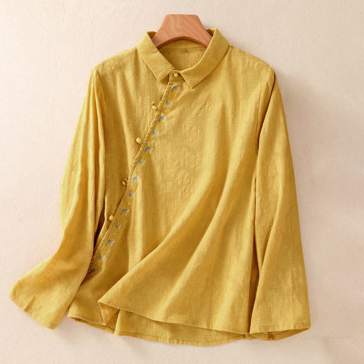 Buddha Stones ​​Herbststickerei, asymmetrisches Design, Froschknopf, Damen-Baumwoll-Langarmshirt - Gold - US 8-10, UK/AU 12-14, EU 40-42 (2XL) - image 24