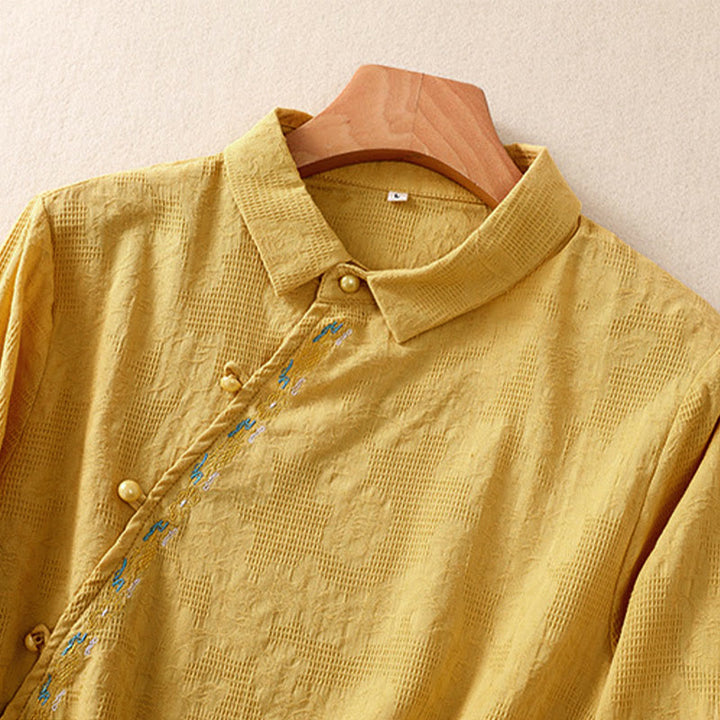 Buddha Stones ​​Herbststickerei, asymmetrisches Design, Froschknopf, Damen-Baumwoll-Langarmshirt - image 26