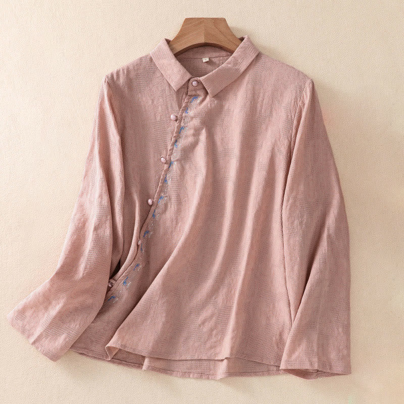 Buddha Stones ​​Herbststickerei, asymmetrisches Design, Froschknopf, Damen-Baumwoll-Langarmshirt - Hellkoralle - US 8-10, UK/AU 12-14, EU 40-42 (2XL) - image 14