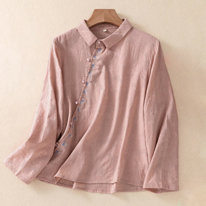 Buddha Stones ​​Herbststickerei, asymmetrisches Design, Froschknopf, Damen-Baumwoll-Langarmshirt - Hellkoralle - US 8-10, UK/AU 12-14, EU 40-42 (2XL) - image 14