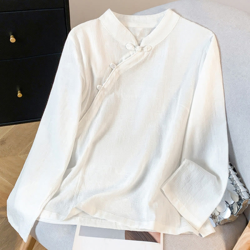 Buddha Stones Commute Jacquard Chinesisches Froschknopf-Mandarinkragen Langarm-Baumwollhemd für Damen - Weiß - US 8-10, UK/AU 12-14, EU 40-42 (2XL) - image 10