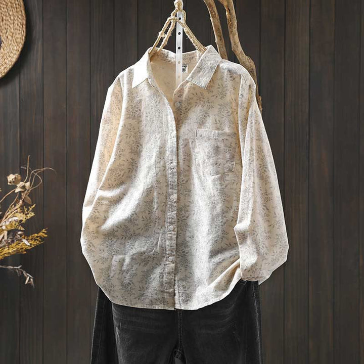 Damen-Baumwollhemd mit langen Ärmeln und Buddha Stones, Herbstblumenmuster, Knöpfen - OldLace - US6, UK/AU10, EU38 (L) - image 0