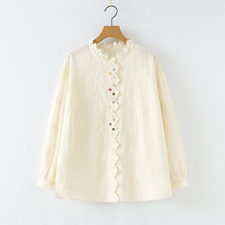 Buddha Stones ​​Herbst-Baumwollhemd mit Rüschenkragen, gestickten Reliefblumenknöpfen und langen Ärmeln - OldLace - US6, UK/AU10, EU38 (L) - image 0