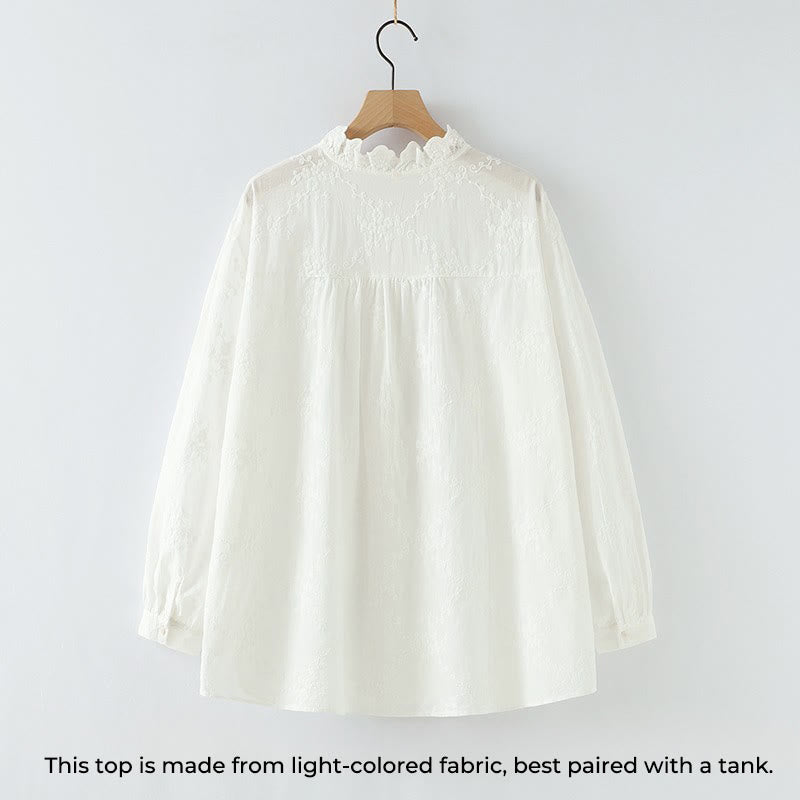 Buddha Stones ​​Herbst-Baumwollhemd mit Rüschenkragen, gestickten Reliefblumenknöpfen und langen Ärmeln - image 3