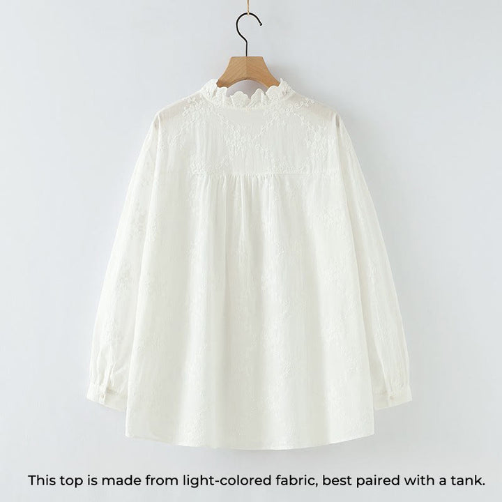 Buddha Stones ​​Herbst-Baumwollhemd mit Rüschenkragen, gestickten Reliefblumenknöpfen und langen Ärmeln - image 3