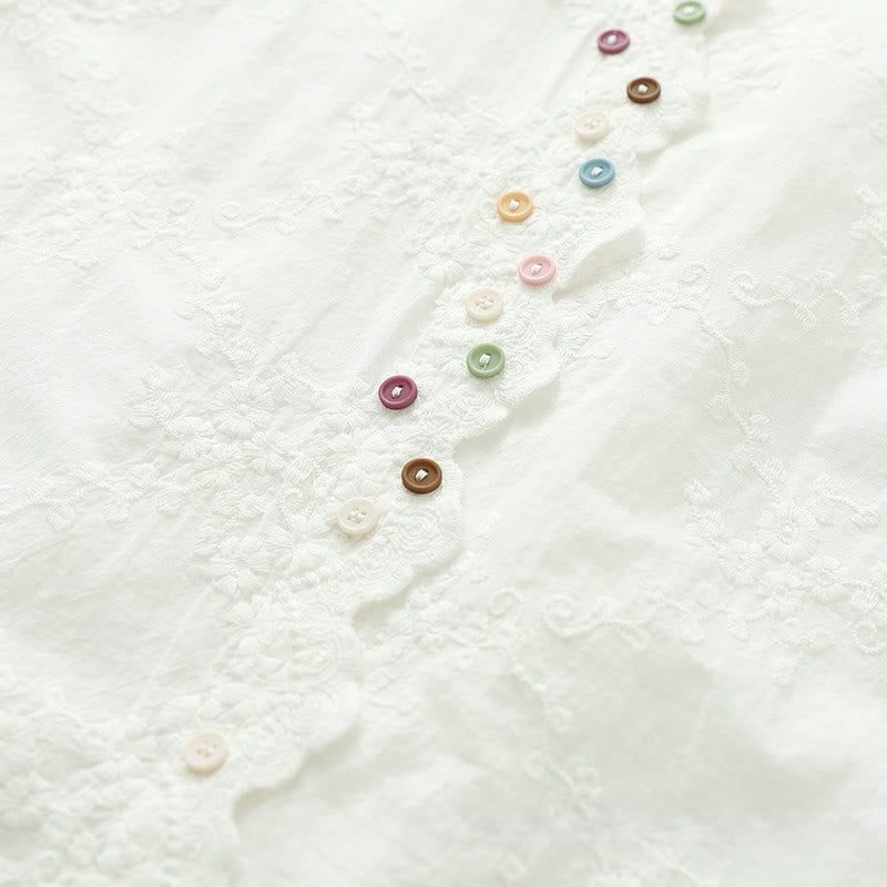 Buddha Stones ​​Herbst-Baumwollhemd mit Rüschenkragen, gestickten Reliefblumenknöpfen und langen Ärmeln - image 6