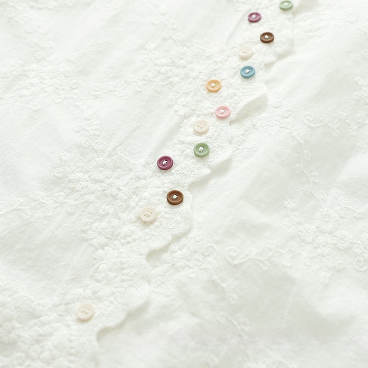 Buddha Stones ​​Herbst-Baumwollhemd mit Rüschenkragen, gestickten Reliefblumenknöpfen und langen Ärmeln - image 6