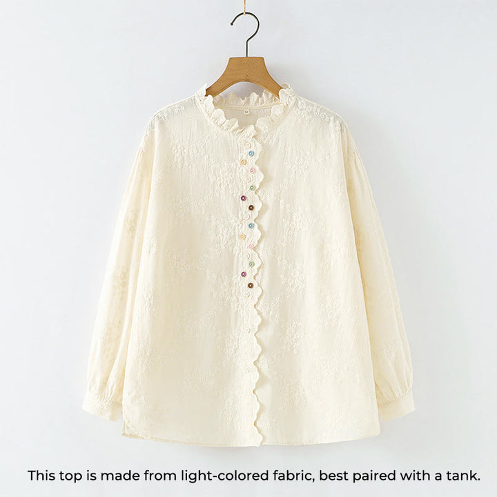 Buddha Stones ​​Herbst-Baumwollhemd mit Rüschenkragen, gestickten Reliefblumenknöpfen und langen Ärmeln - image 1