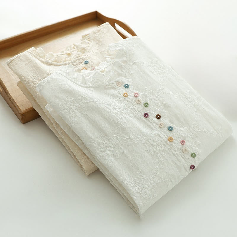 Buddha Stones ​​Herbst-Baumwollhemd mit Rüschenkragen, gestickten Reliefblumenknöpfen und langen Ärmeln - image 14