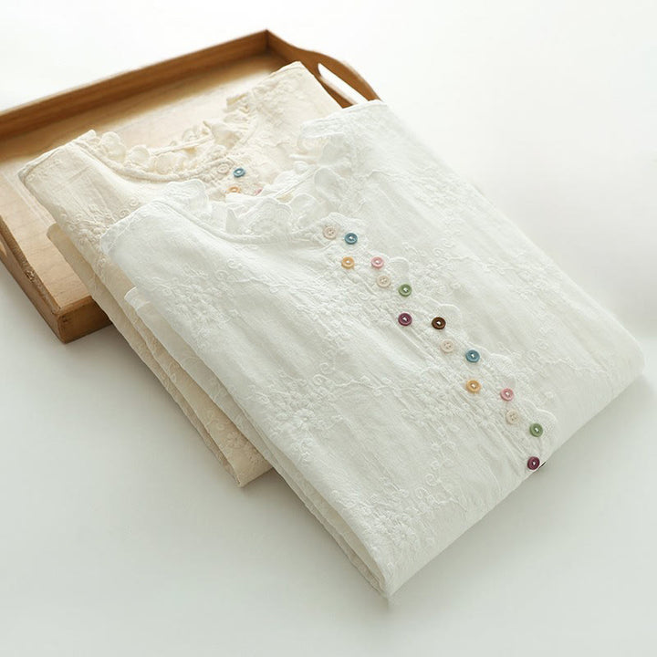 Buddha Stones ​​Herbst-Baumwollhemd mit Rüschenkragen, gestickten Reliefblumenknöpfen und langen Ärmeln - image 14