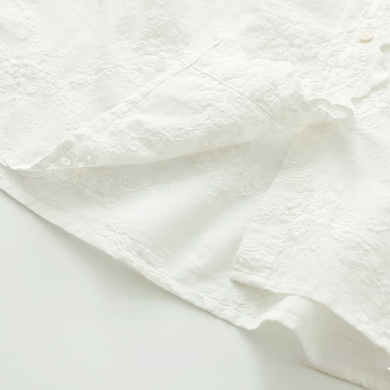 Buddha Stones ​​Herbst-Baumwollhemd mit Rüschenkragen, gestickten Reliefblumenknöpfen und langen Ärmeln - image 10