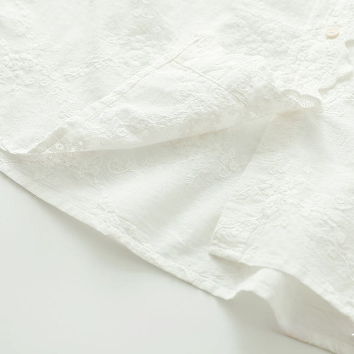 Buddha Stones ​​Herbst-Baumwollhemd mit Rüschenkragen, gestickten Reliefblumenknöpfen und langen Ärmeln - image 10