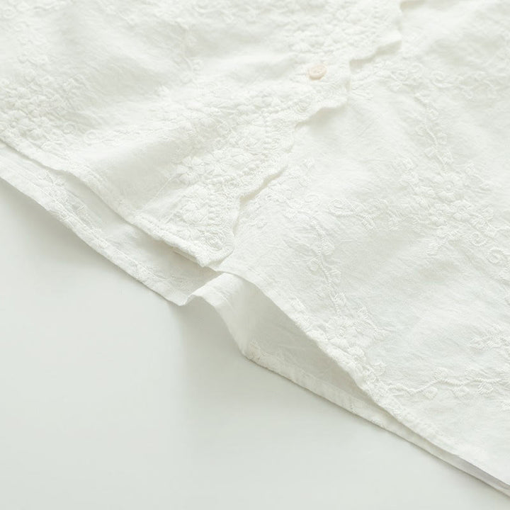 Buddha Stones ​​Herbst-Baumwollhemd mit Rüschenkragen, gestickten Reliefblumenknöpfen und langen Ärmeln - image 9