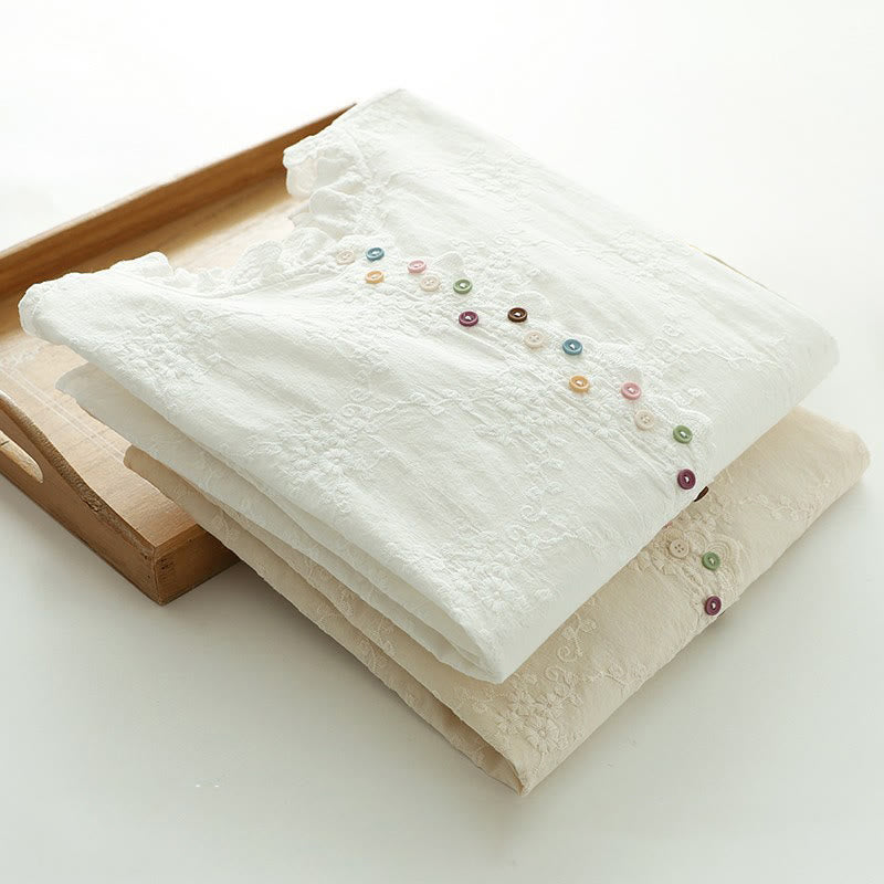 Buddha Stones ​​Herbst-Baumwollhemd mit Rüschenkragen, gestickten Reliefblumenknöpfen und langen Ärmeln - image 15