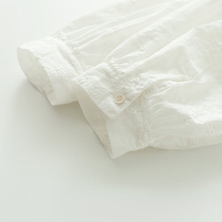 Buddha Stones ​​Herbst-Baumwollhemd mit Rüschenkragen, gestickten Reliefblumenknöpfen und langen Ärmeln - image 8