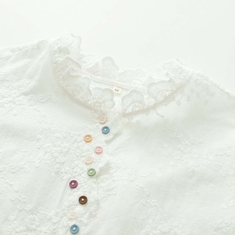 Buddha Stones ​​Herbst-Baumwollhemd mit Rüschenkragen, gestickten Reliefblumenknöpfen und langen Ärmeln - image 5