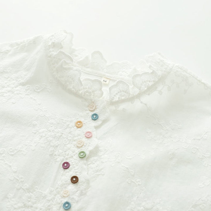 Buddha Stones ​​Herbst-Baumwollhemd mit Rüschenkragen, gestickten Reliefblumenknöpfen und langen Ärmeln - image 5