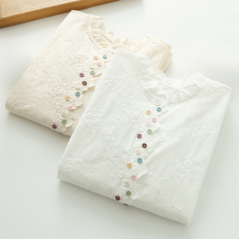 Buddha Stones ​​Herbst-Baumwollhemd mit Rüschenkragen, gestickten Reliefblumenknöpfen und langen Ärmeln - image 12