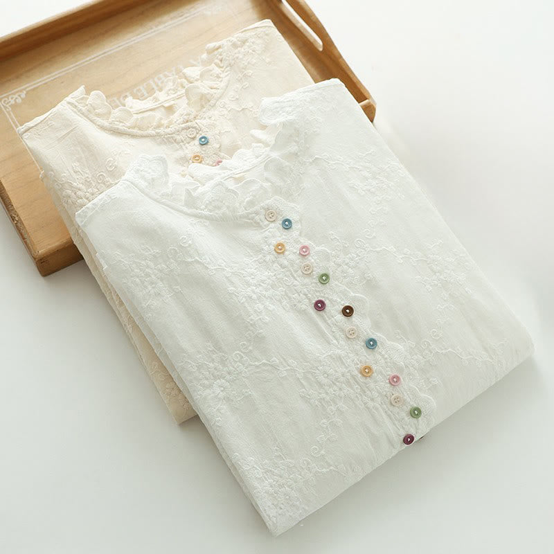 Buddha Stones ​​Herbst-Baumwollhemd mit Rüschenkragen, gestickten Reliefblumenknöpfen und langen Ärmeln - image 13