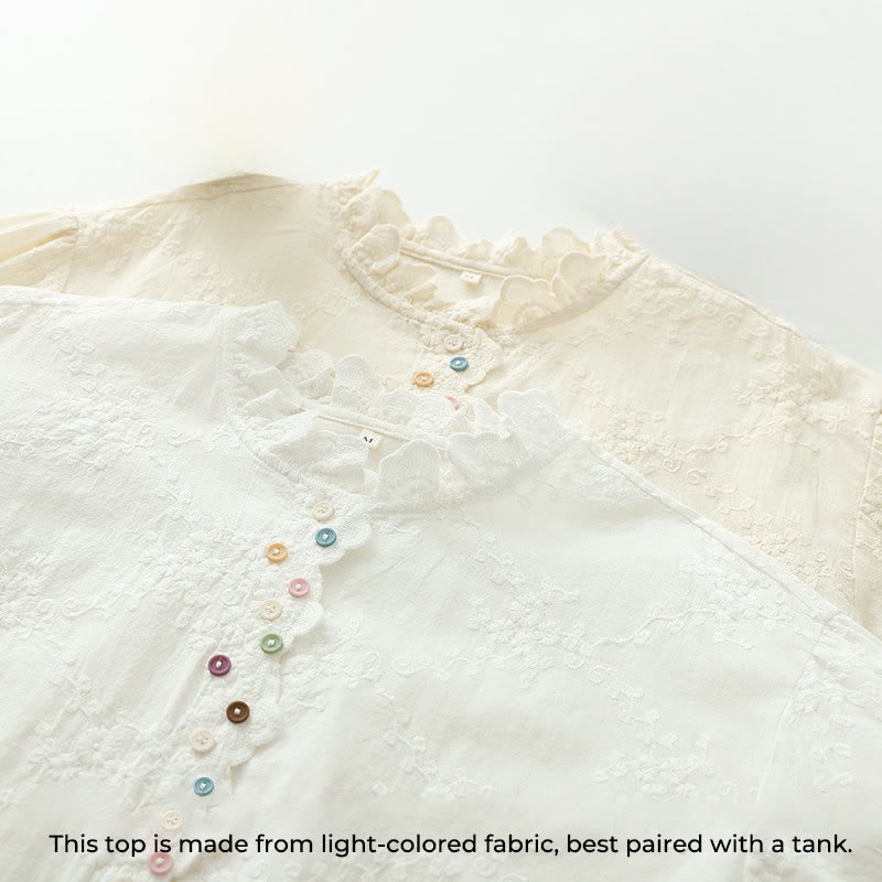 Buddha Stones ​​Herbst-Baumwollhemd mit Rüschenkragen, gestickten Reliefblumenknöpfen und langen Ärmeln - image 4