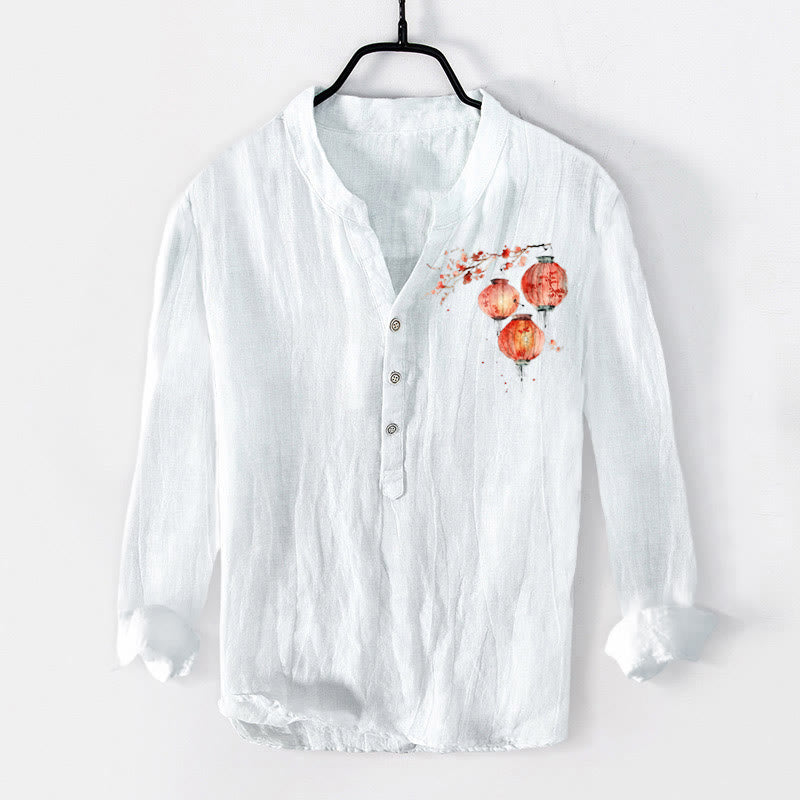 Herren-Langarmhemd aus Baumwoll-Leinen-Mischgewebe mit Buddha Stones, schlichtem rotem Blumenlaternenmuster und halben Knöpfen. - Weiß - US/ UK/AU50, EU60 (5XL) - image 3