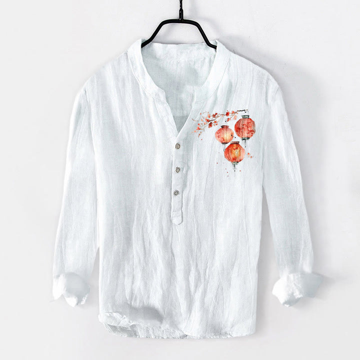 Herren-Langarmhemd aus Baumwoll-Leinen-Mischgewebe mit Buddha Stones, schlichtem rotem Blumenlaternenmuster und halben Knöpfen. - Weiß - US/ UK/AU50, EU60 (5XL) - image 3