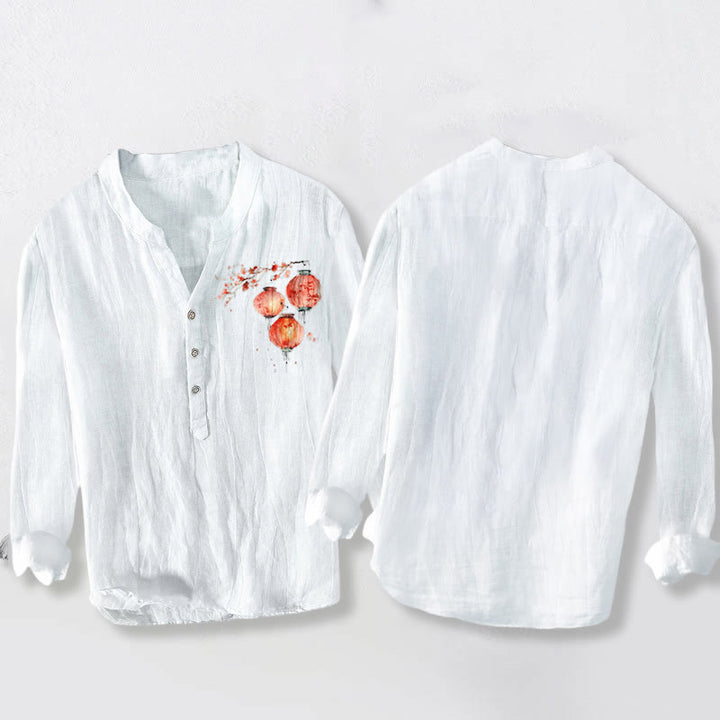 Herren-Langarmhemd aus Baumwoll-Leinen-Mischgewebe mit Buddha Stones, schlichtem rotem Blumenlaternenmuster und halben Knöpfen. - image 5