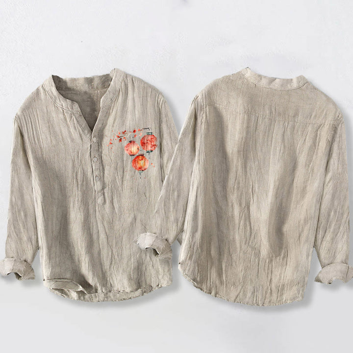 Herren-Langarmhemd aus Baumwoll-Leinen-Mischgewebe mit Buddha Stones, schlichtem rotem Blumenlaternenmuster und halben Knöpfen. - image 8