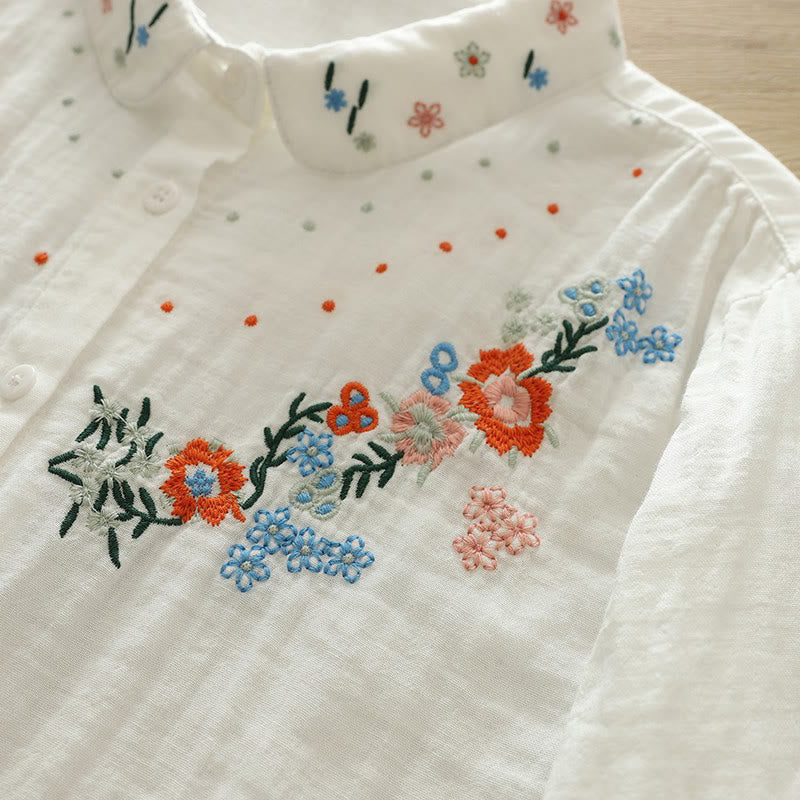 Buddha Stones ​​Herbst Weiß Bunte Blumenstickerei Knöpfe Damen Baumwoll Langarmhemd - image 8