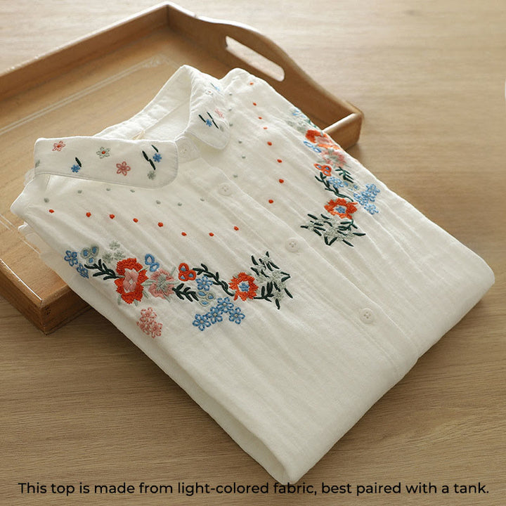 Buddha Stones ​​Herbst Weiß Bunte Blumenstickerei Knöpfe Damen Baumwoll Langarmhemd - image 3