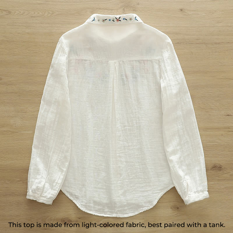 Buddha Stones ​​Herbst Weiß Bunte Blumenstickerei Knöpfe Damen Baumwoll Langarmhemd - image 2