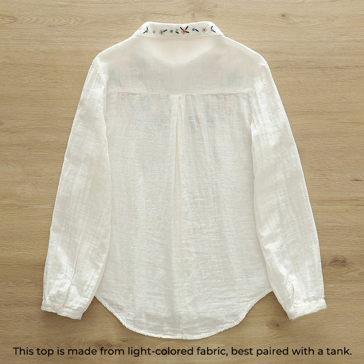 Buddha Stones ​​Herbst Weiß Bunte Blumenstickerei Knöpfe Damen Baumwoll Langarmhemd - image 2