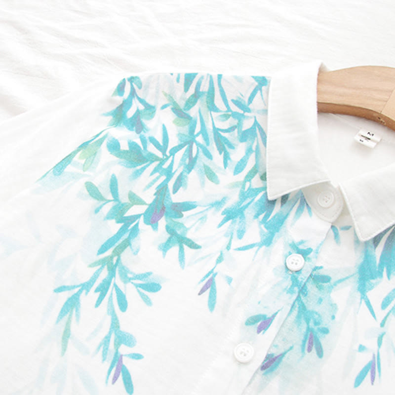 Buddha Stones ​​Herbst Weiß Grün Gras Knöpfe Damen Baumwolle Langarmhemd - image 8