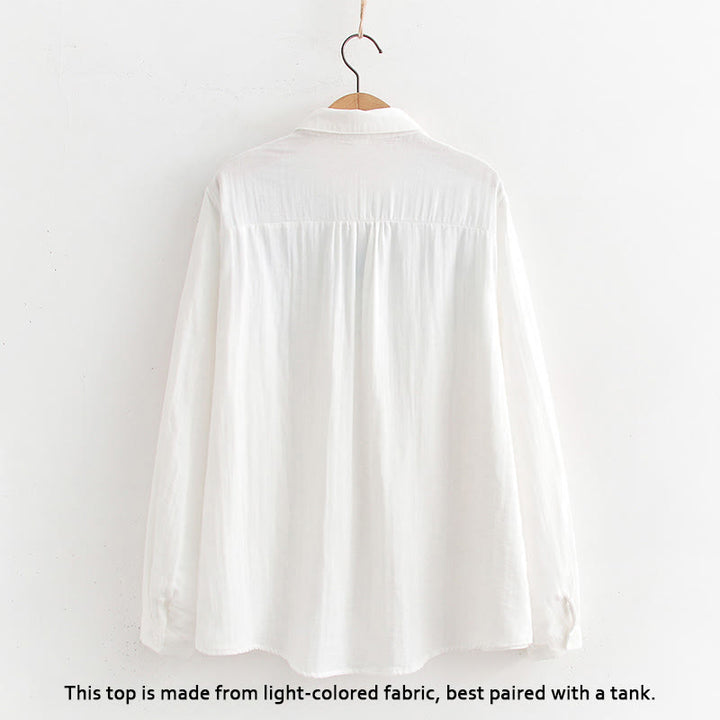 Buddha Stones ​​Herbst Weiß Grün Gras Knöpfe Damen Baumwolle Langarmhemd - image 2