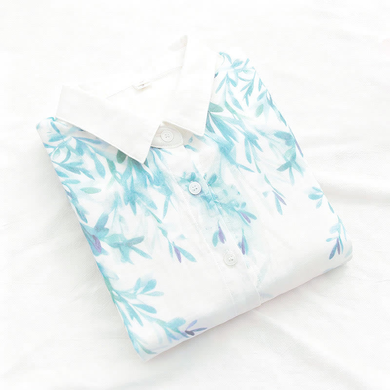 Buddha Stones ​​Herbst Weiß Grün Gras Knöpfe Damen Baumwolle Langarmhemd - image 4