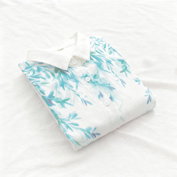 Buddha Stones ​​Herbst Weiß Grün Gras Knöpfe Damen Baumwolle Langarmhemd - image 5