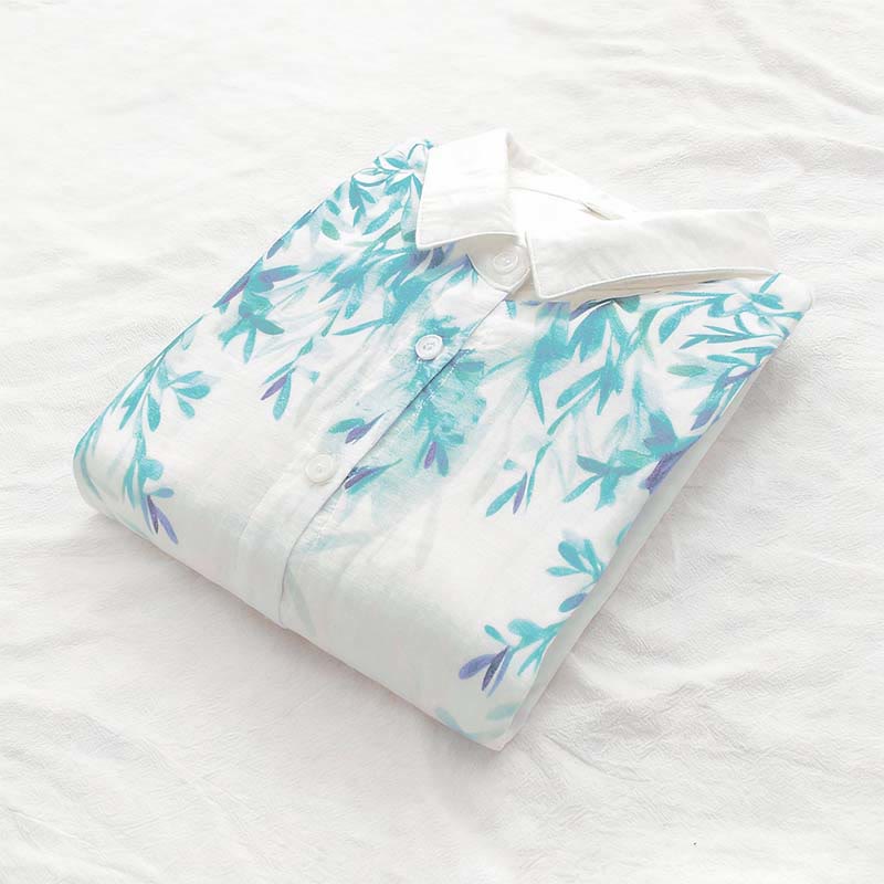 Buddha Stones ​​Herbst Weiß Grün Gras Knöpfe Damen Baumwolle Langarmhemd - image 6