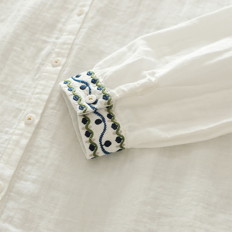 Buddha Stones ​​Herbst Weiß Geometrische Stickerei Knöpfe Damen Baumwoll Langarmhemd - image 8