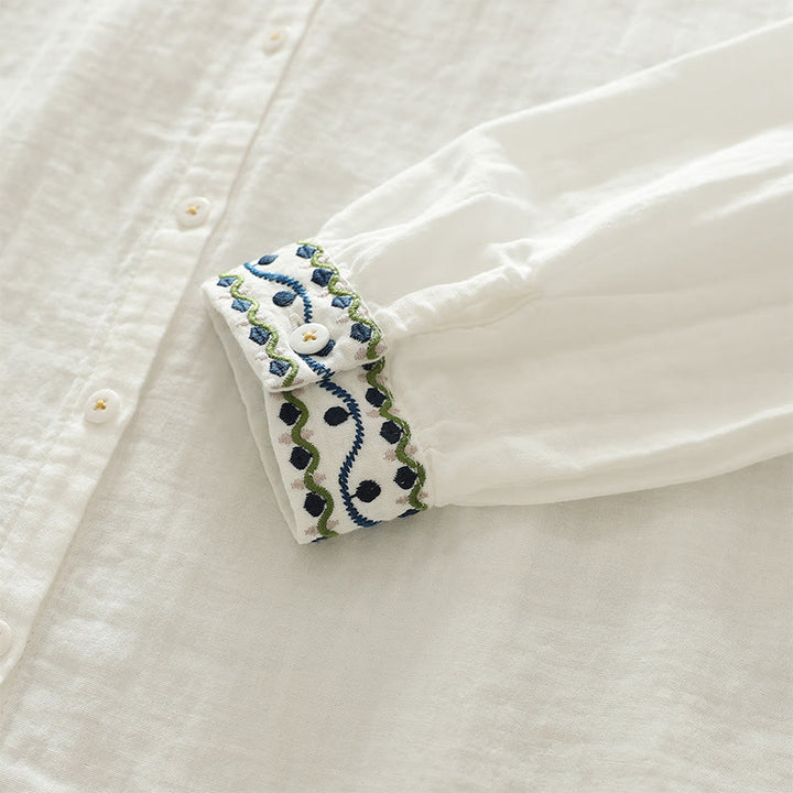 Buddha Stones ​​Herbst Weiß Geometrische Stickerei Knöpfe Damen Baumwoll Langarmhemd - image 8