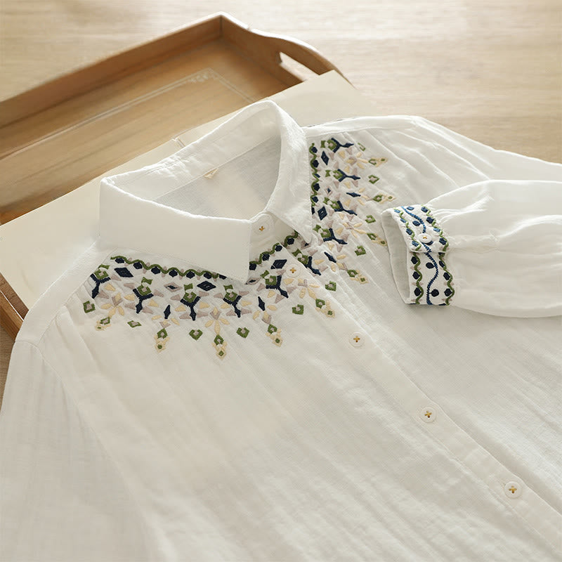 Buddha Stones ​​Herbst Weiß Geometrische Stickerei Knöpfe Damen Baumwoll Langarmhemd - Weiß - US4, UK/AU8, EU36 (L) - image 0