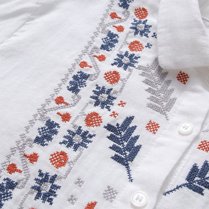 Buddha Stones Herbst Weiß Geometrische Streifen Blumenstickerei Knopf Damen Baumwoll Langarmhemd - image 4