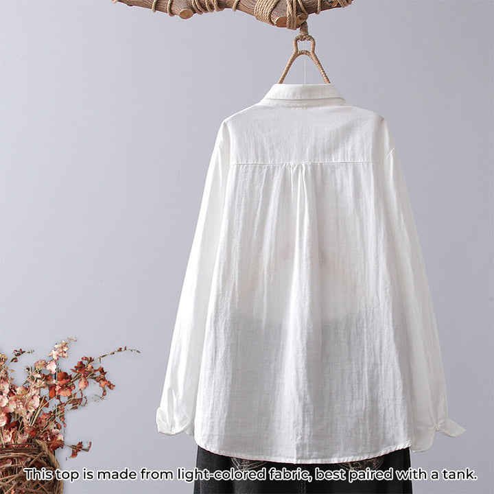 Buddha Stones Herbst Weiß Geometrische Streifen Blumenstickerei Knopf Damen Baumwoll Langarmhemd - image 1