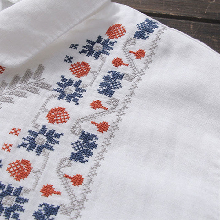 Buddha Stones Herbst Weiß Geometrische Streifen Blumenstickerei Knopf Damen Baumwoll Langarmhemd - image 3