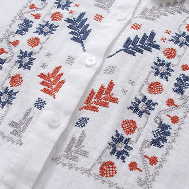 Buddha Stones Herbst Weiß Geometrische Streifen Blumenstickerei Knopf Damen Baumwoll Langarmhemd - image 5