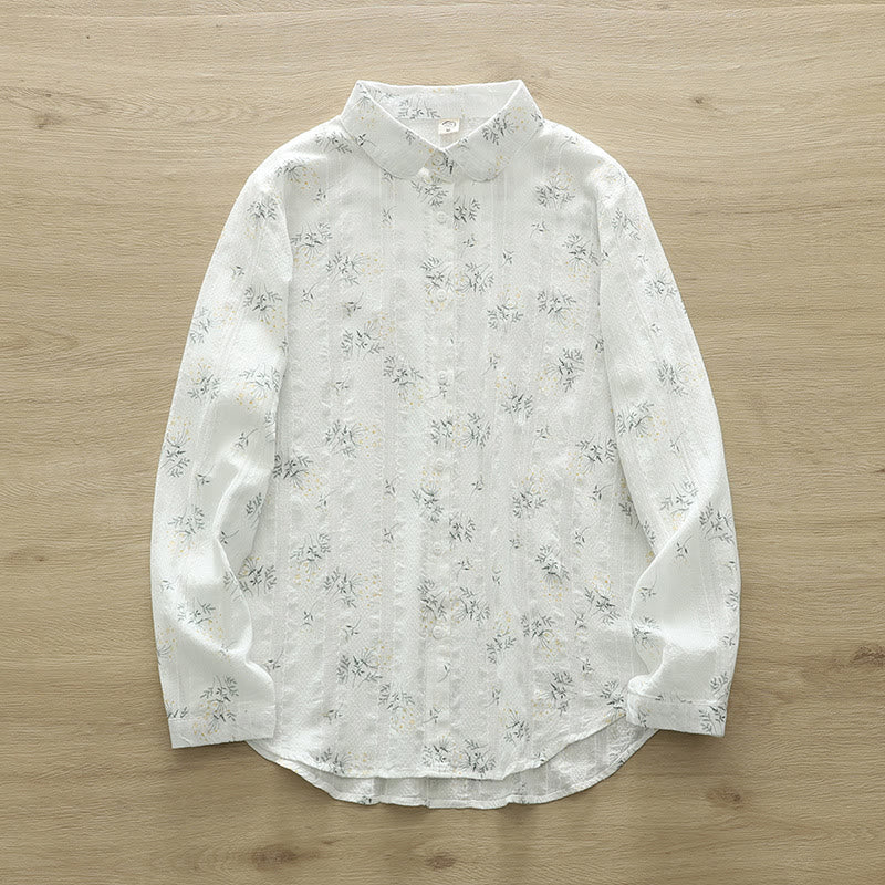 Buddha Stones, Herbst, weiße und gelbe Blumen, grüne Blätter, Knöpfe, Damen-Baumwoll-Langarmshirt - Weiß - US6, UK/AU10, EU38 (XL) - image 1