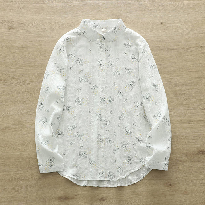 Buddha Stones, Herbst, weiße und gelbe Blumen, grüne Blätter, Knöpfe, Damen-Baumwoll-Langarmshirt - Weiß - US6, UK/AU10, EU38 (XL) - image 1
