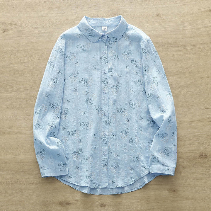 Buddha Stones, Herbst, weiße und gelbe Blumen, grüne Blätter, Knöpfe, Damen-Baumwoll-Langarmshirt - Hellblau - US6, UK/AU10, EU38 (XL) - image 12