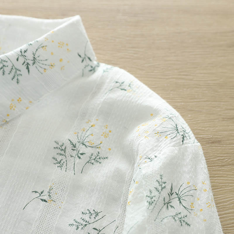 Buddha Stones, Herbst, weiße und gelbe Blumen, grüne Blätter, Knöpfe, Damen-Baumwoll-Langarmshirt - image 5